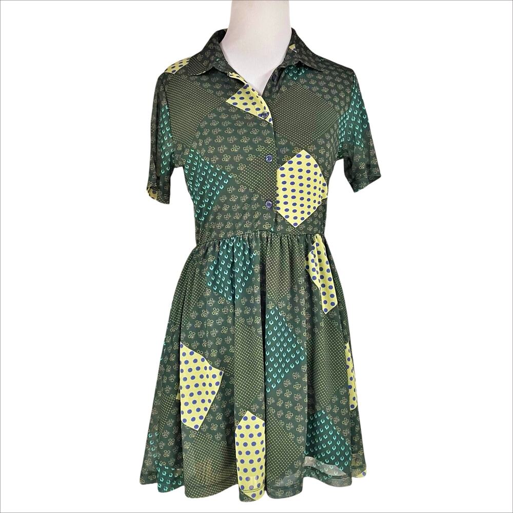 URBAN OUTFITTERS Dottie Collared Green Patchwork Print Mesh Mini Shirtdress Sz S